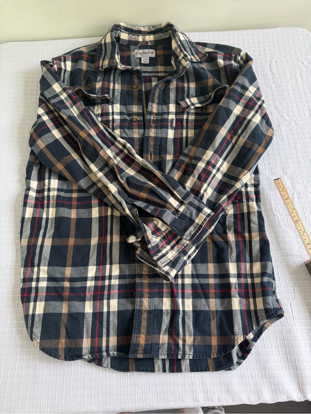 Carhartt Men's M Plaid Heavyweight Flannel Shirt Navy Blue/White/Red Button Up